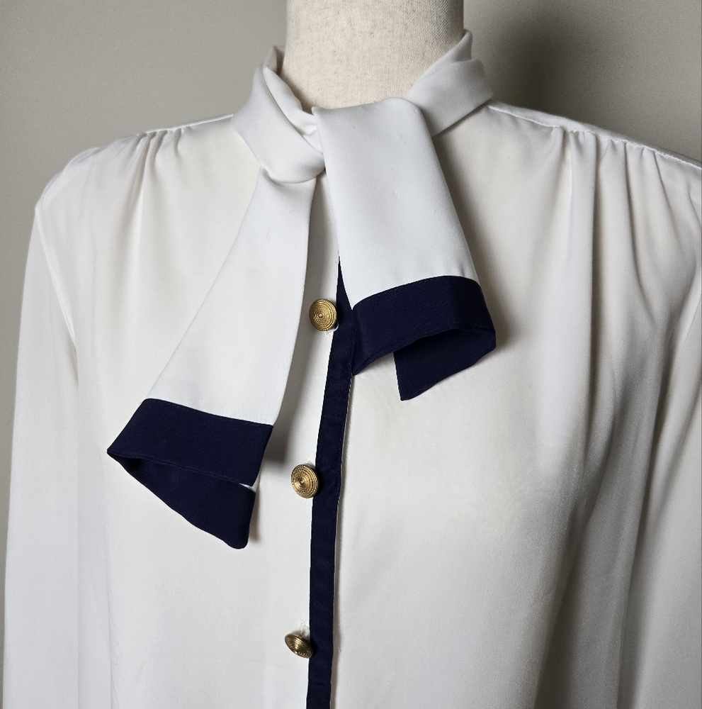 VINTAGE | Alfred Dunner Tie-Neck Nautical Sailor Long-Sleeve Button-Up Blouse 12